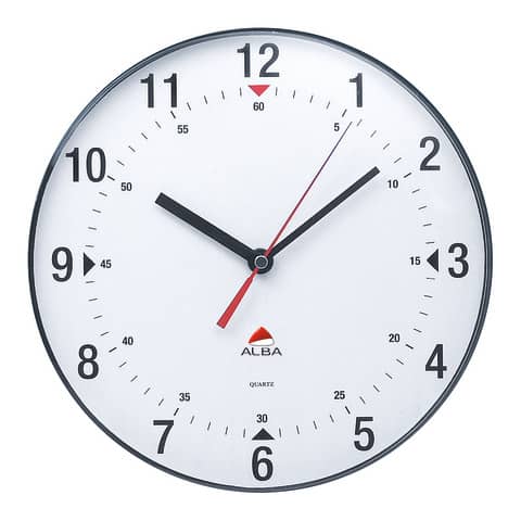 Orologio da parete Alba lente plastica numeri neri su sfondo bianco.  Lancetta secondi rossa, pile LR - Lineacontabile