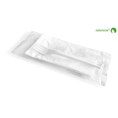 Set posate in PLA monouso Scatolificio del Garda - forchetta-tovagliolo bianco - Conf. 100 pezzi - 1