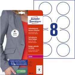 Badge adesivi per tessuti rotondi Avery Ø 65 mm - 8 et/foglio - stampanti laser Conf. 20 fogli - L48