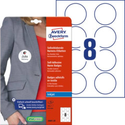 Badge adesivi per tessuti rotondi Avery Ø 65 mm - 8 et/foglio - stampanti inkjet Conf. 20 fogli -  J