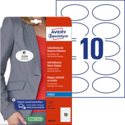 Badge adesivi per tessuti ovali Avery 85x50 mm - 10 et/foglio - stampanti inkjet - Conf. 20 fogli - 
