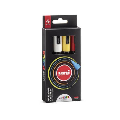 Marcatore a tempera con inchiostro pigmentato Uni Posca - punta tonda 2,5 mm assortiti - astuccio 4 
