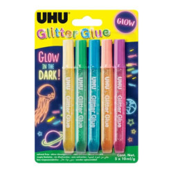 Colla Glitter Uhu Glue Glow in the dark -10 ml - colori assortiti - Confezione da 5 pezzi - D1654