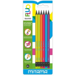 Matita Triangolare con gommino Mitama Grapho - legno nero - HB - fusto colori fluo - conf. 6 pezzi 6