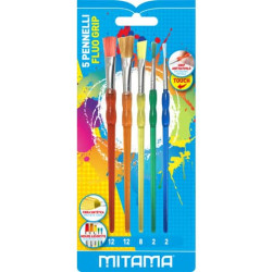 Pennelli piatti e tondi Mitama Fluo grip colorie misure assortiti - conf. 5 pezzi - 62862