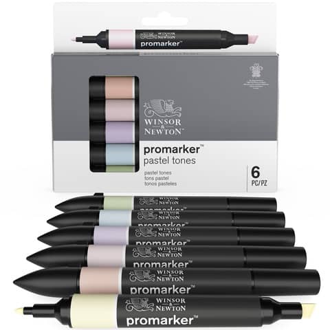Set 6 pennarelli Promarker doppia punta fine-larga Winsor&Newton -  assortiti colori pastello - 02901 - Lineacontabile